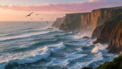 Dramatic Coastline Waves Crashing at Cliffs with Birds Flying at Sunset