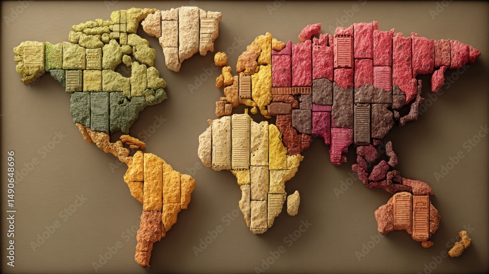 Poster a colorful map composed of various paper pieces symbolizing regional export diversification and econ