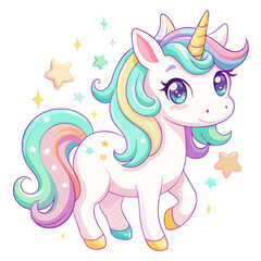 Cute Cartoon Unicorn with Rainbow Mane and Stars