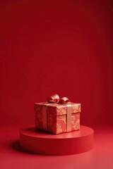 A luxuriously wrapped present sits elegantly on a crimson pedestal against a rich red backdrop, signifying celebration and gifting