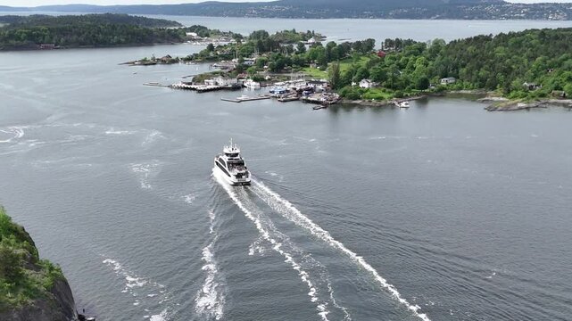 Electric Ferry sailing around the islands from Aker Brygge in Oslo, Norway