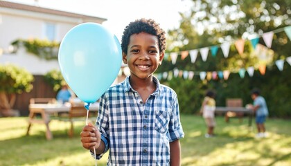 Fototapeta premium Smiling Boy with Balloon in Backyard: A young boy beams with joy, clutching a vibrant blue balloon as he celebrates outdoors in his yard.