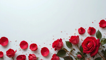 Red rose flower background with petals on white elegant, Valentine's Day, Wedding, Anniversary, Greeting Card Design