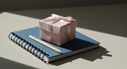 A gift box with a pink ribbon sitting on a notebook with a pencil near