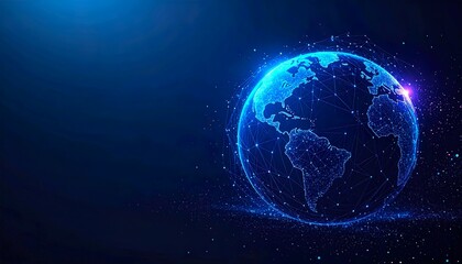 Obraz premium Futuristic Polygonal Wireframe Globe with Glowing Neon Light and Holographic Aura on Dark Background