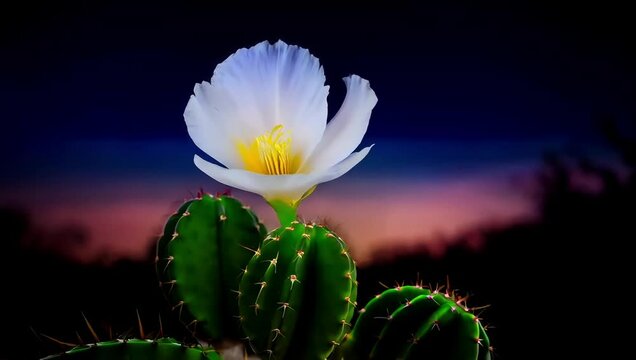 Timelapse of a night-blooming cereus unfolding just before sunrise, glowing  white cactus flower captured in a rare and magical moment, created with  generated AI.