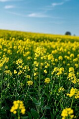 a close up of a field of yellow flowers with a blue sky in the background