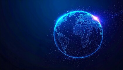 Futuristic Polygonal Wireframe Globe with Glowing Neon Light and Holographic Aura on Dark Background