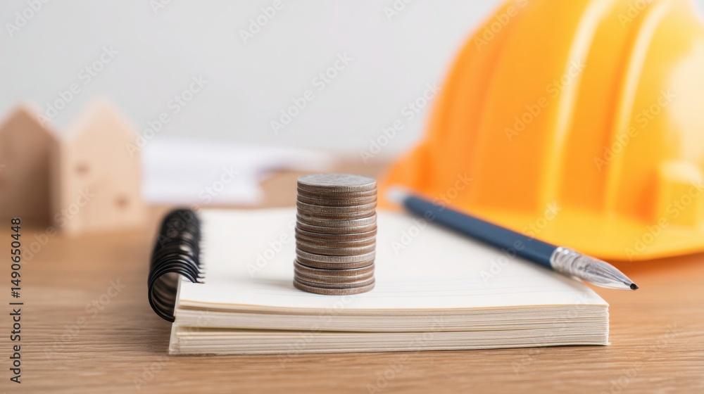 Poster stack of coins positioned next to a hard hat signifying financial aspects of construction and public