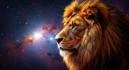 Naklejka premium Majestic Lion Against Cosmic Nebula - A regal lion's profile is set against a vibrant backdrop of a cosmic nebula, stars, and celestial energy