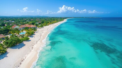 Obraz premium Panoramic view of a tropical beach and resort.