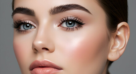 Naklejka premium Perfect eyebrows and lashes beauty model makeup cosmetics skincare woman face close up portrait