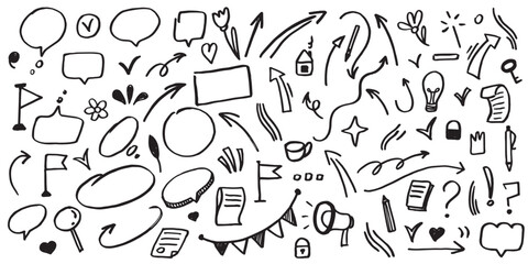 Hand drawn set elements, doodle lines, abstract arrows, hearts and other elements in a hand drawn style for concept designs. Scribble illustration. Vector illustration