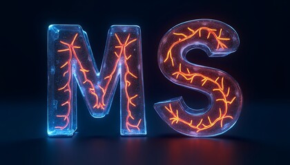 Glowing Neon MS Letters:  Intricate Veins, Cool Blue and Red
