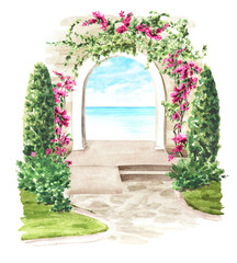 Architectural arch decorated with plants and flowers, Hand drawn watercolor illustration isolated on white background