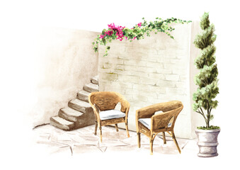 Patio Architectural element decorated with plants and flowers, relaxe zone. Hand drawn watercolor illustration with copy space, isolated on white background