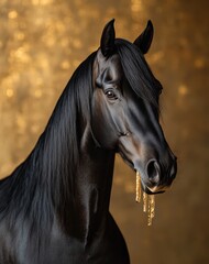 Fototapeta premium Elegant Black Horse Portrait with Golden Background Accents