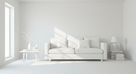 Minimalist White Living Room Interior - A clean, bright, and minimalist living room with a white sofa, side table, and accessories. Sunlight streams through a window