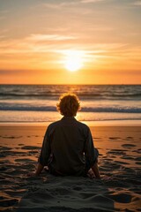 Fototapeta premium arafed man sitting on the beach watching the sun set