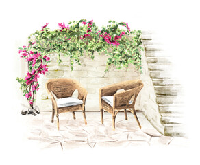 Stone staircase up, decorated with plants and flowers, relax zone  in the patio. Hand drawn watercolor illustration, isolated on white background