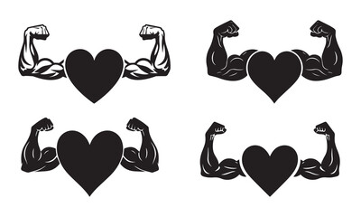 Strong Heart Vector Set – Muscle Arm and Heart Symbol Logos for Fitness, Gym, Love, and Motivation Concepts

