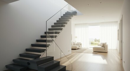 Fototapeta premium Modern Glass Rail Staircase in Minimalist Home - Sleek modern staircase with glass railing in a bright, minimalist home interior. Sunlight streams through sheer curtains