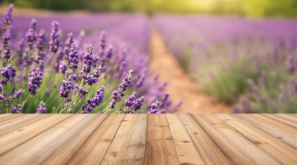 Wooden table and lavender field on the blurred background 
