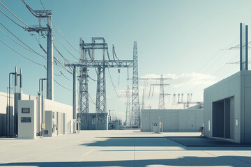 A clean and organized outdoor power substation with steel structures, high-voltage lines, transformers, and smart sensors, set against a clear blue sky