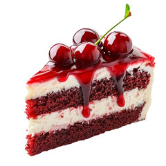 Red velvet cake slice topped with cherries and cherry glaze delicious dessert