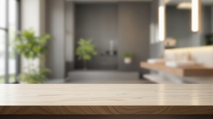 Wooden table for product display on the blurred bathroom background