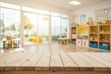 Bright and Cheerful Preschool Classroom with Wooden Tabletop Display