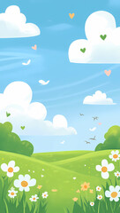 Springtime Meadow with Fluffy Clouds