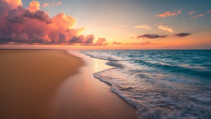 Coastal Beach at Sunrise with Gentle Waves and Dramatic Sky