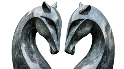 Pair of metallic horse sculptures with heart shape center artistic and decorative with sleek and modern design suitable