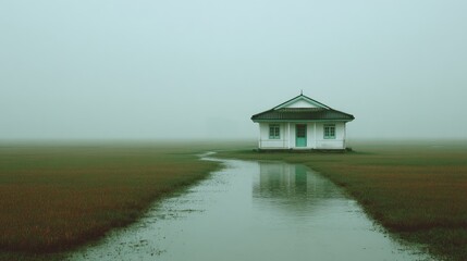 Fototapeta premium Solitary House Amidst Foggy Wetlands with Serene Reflection Pathway
