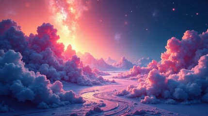 Dreamlike Cloudscape A Serene Path Through Pastel Hues Under a Starry Sky