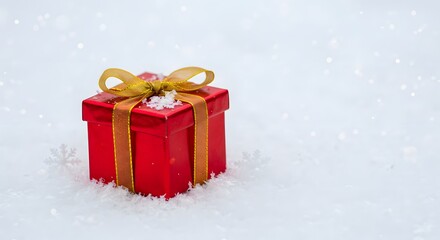 A red gift box with a gold ribbon sitting on a bed of white snow flakes