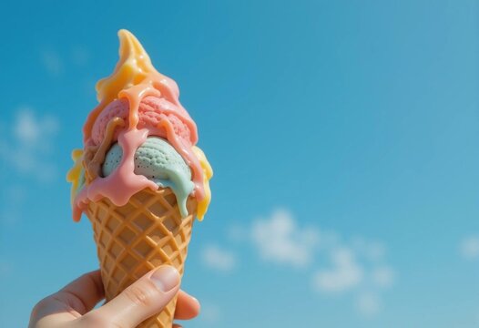 Close-up of a hand holding a multicolored melting ice cream cone against a bright blue sky with a few clouds. The image captures the essence of summer heat, sweetness, and carefree moments. 