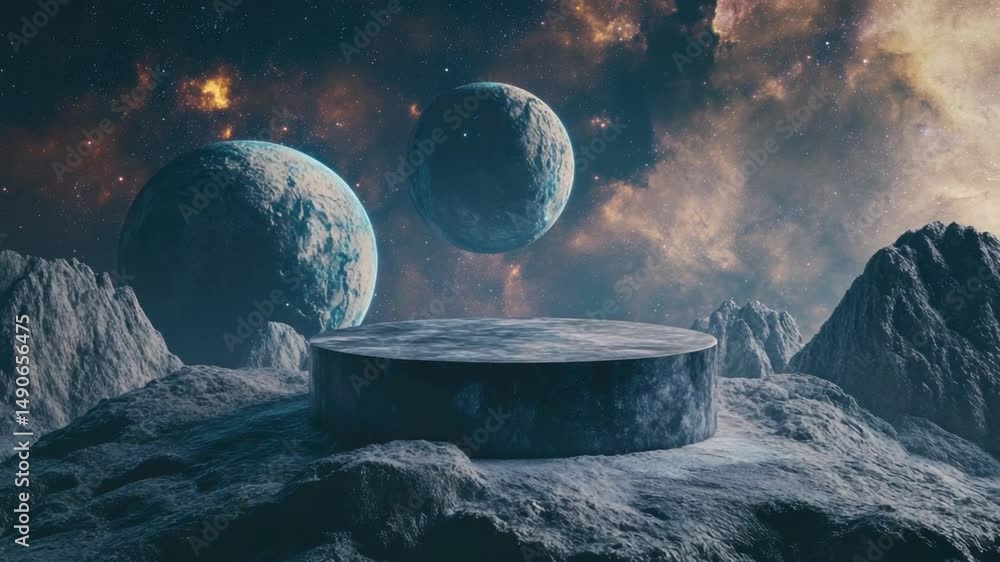 Poster futuristic alien landscape with floating planets and mysterious circular platform in a starry sky 4k