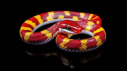 Fototapeta premium Spectacular Red and Yellow Snake, a vibrant reptile with striking colors, coiled in a captivating pose against a black background, showcasing its intricate scales and patterns.
