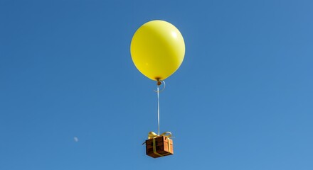 Obraz premium Yellow balloon carrying a small gift box in the blue sky outdoors view