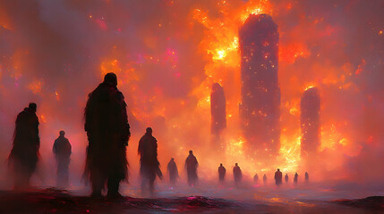 Group of figures walking toward illuminated monolithic structures in a hazy, fire-colored landscape with a dreamlike quality