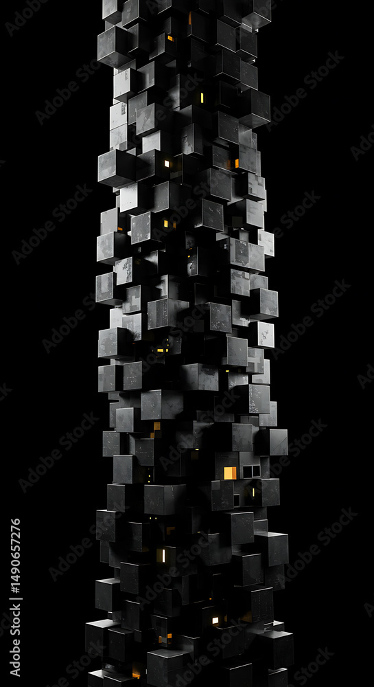 Aufkleber abstract tower of dark cubes with glowing windows 3d render futuristic architecture technology backg