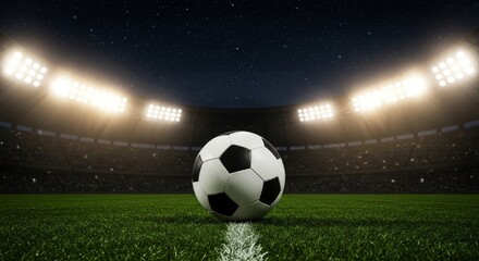 Night Soccer Game Stadium - Soccer ball on field, night stadium lights, anticipation, competition, victory