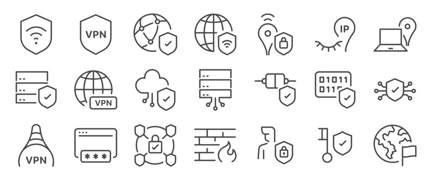 VPN icon set. It includes virtual private network, secure, encrypted, connection, and more icons. Editable Vector Stroke.
