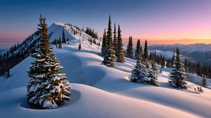 Fototapeta premium Snowy mountain landscape at dawn