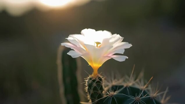 Timelapse of a night-blooming cereus unfolding just before sunrise, glowing white cactus flower captured in a rare and magical moment, created with generated AI.