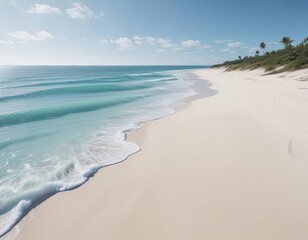 Soft, white sand slopes to a calm, light blue ocean; small waves lap the shore , sandy, waves