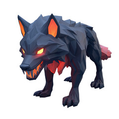 Low poly, stylized black wolf with glowing yellow eyes and sharp teeth, standing aggressively with red tongue and red collar