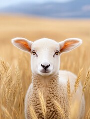 Obraz premium Unique black sheep amongst white sheep in golden wheat field nature photography stand out different viewpoint